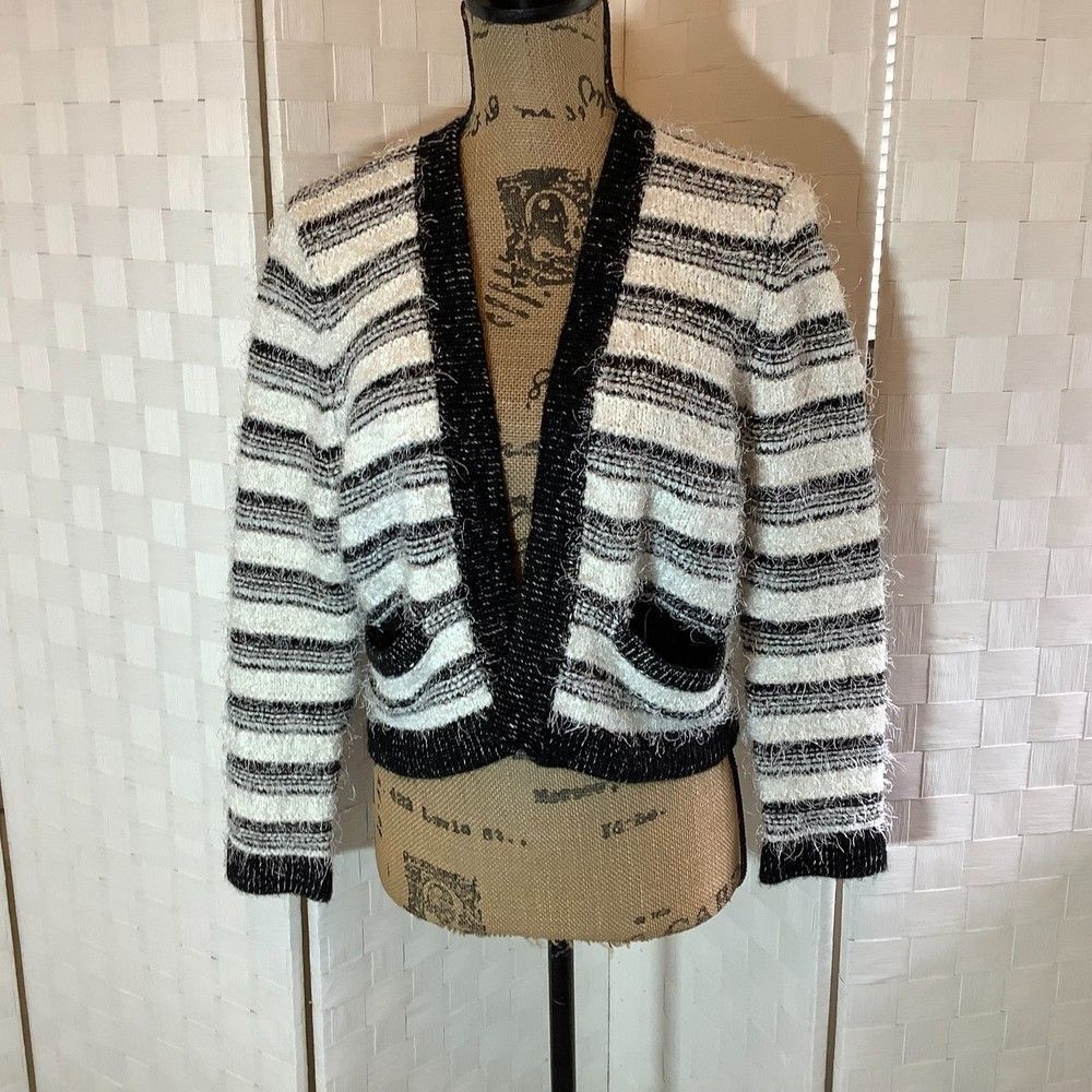 Calvin Klein black, white, striped eyelash cardigan sweater size medium